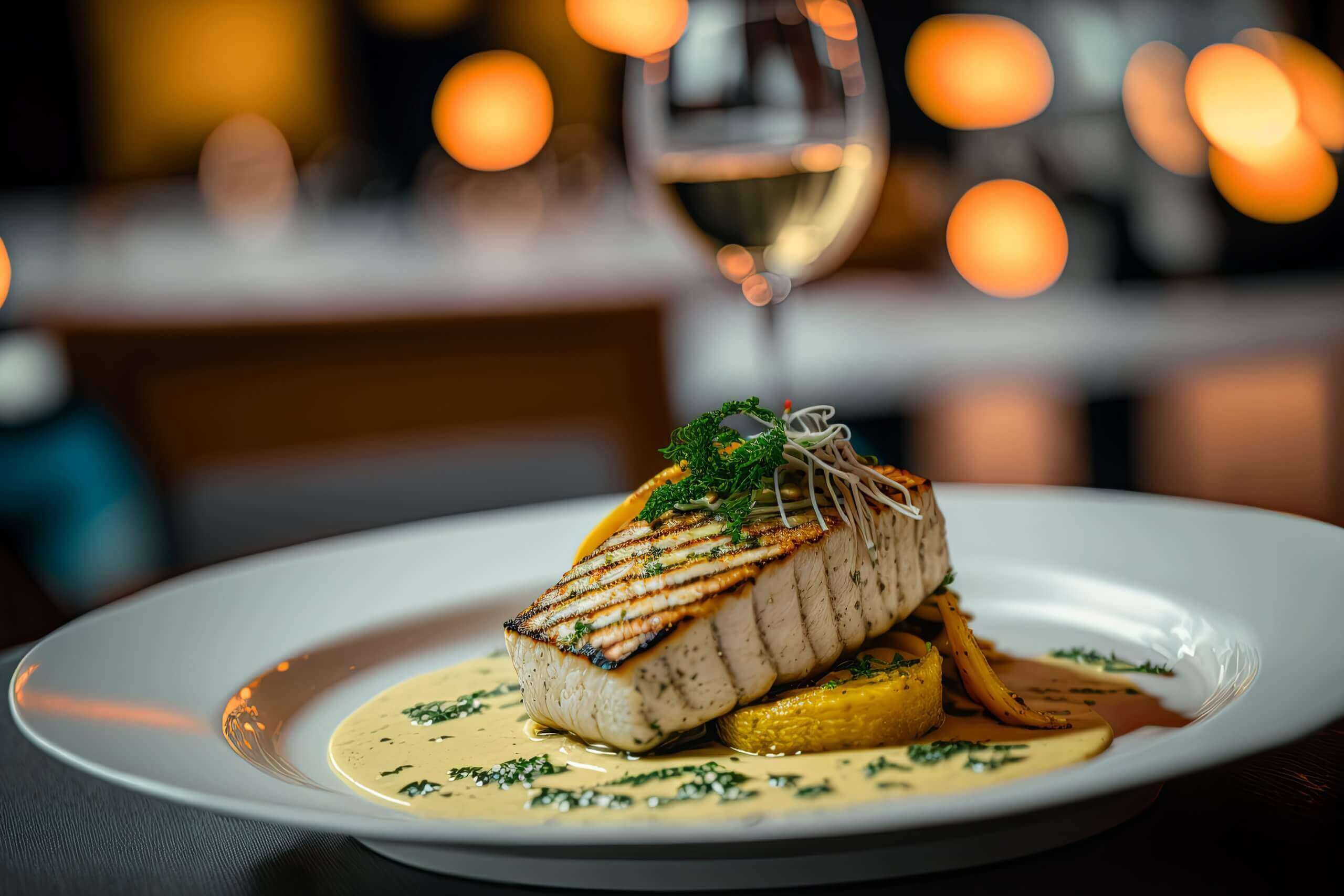 Poisson blanc en sauce sur le plat blanc